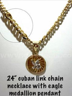 Beautiful, 24kt Gold Filled, Eagle Medallion, W/24" Inch, Cuban Link Chain