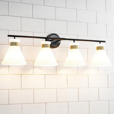Brand New - 4-Light Modern Vanity Lights for Bathroom  Black and Gold Wall Sconce Lighting with Frosted Milky Glass