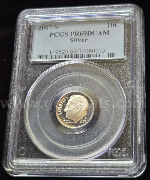 2007-S Silver Roosevelt Dime, PCGS PR69 Deep Cameo| Near-perfect proof with exceptional contrast and mirror-like fields.