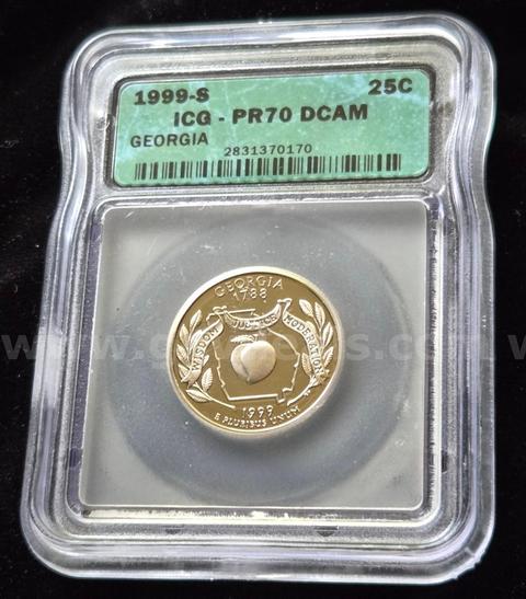 1999-S Georgia State Quarter, ICG PR70 Deep Cameo—perfect proof grade with flawless surfaces and striking contrast.