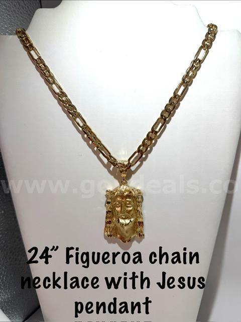 Breathtaking, 24kt Gold Filled, 24 Inch Figueroa Chain W/Large Jesus Pendant