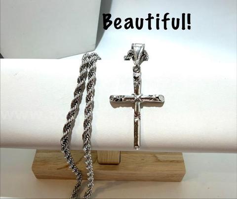 Radiant, Rhodium Filled (Silver Color), 6MM, 20 Inch, Diamond Cut Rope Chain W/Cross Pendant
