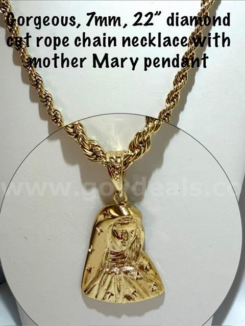 Beautiful, 24kt Gold Filled, 7MM, 22 Inch, Diamond Cut Rope Chain W/Mother Mary