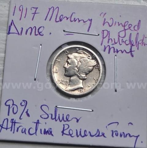 1917 Mercury "Winged Liberty Head" Dime | 90% Silver| Attractive Reverse Tonning— Philadelphia Mint (No Mint Mark)