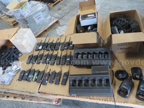 4 boxes Hand-Held radios (29 radios total), chargers, microphones and more