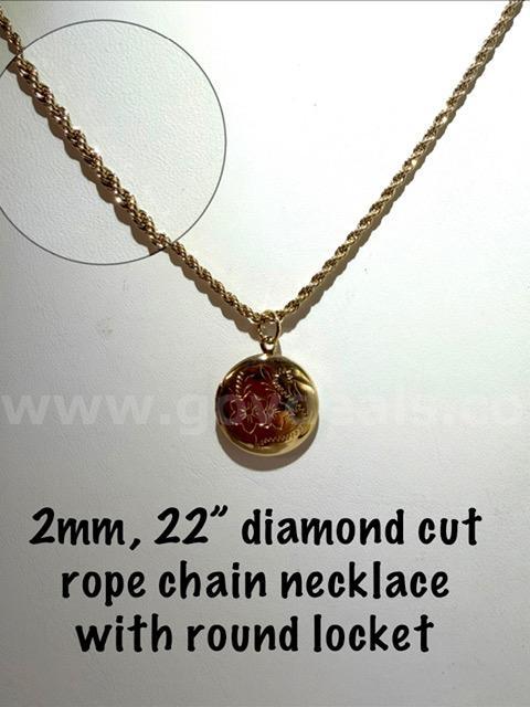 Exquisite, 24kt Gold Filled, 2MM, 22 Inch, Diamond Cut Rope Chain W/Etched Circle Locket