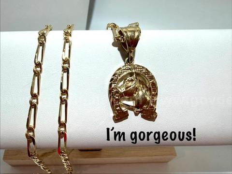 Beautiful, 24kt Gold Filled, 22 Inch, Paper Clip Necklace W/Western Horse Pendant