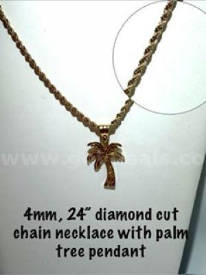 Dazzling, 24", 4MM, Diamond Cut, 24kt Gold Filled, Rope Chain W/Palm Tree Pendant