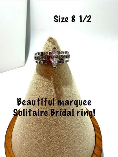 Ladies, Size 8 1/2, Rhodium Filled (silver), Marquee CZ Diamond Solitaire Bridal Ring W/Accents