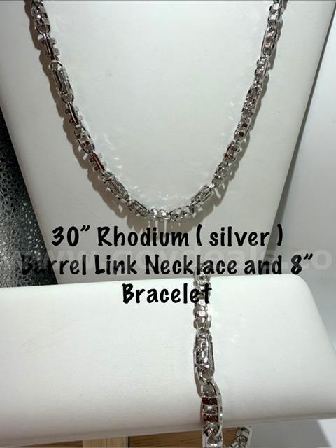 Radiant, Rhodium Filled (silver), 2 PC, Necklace & Bracelet Set. 30" Barrel Link Chain & 8" Barrel Link Bracelet