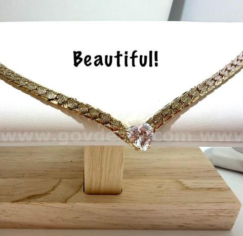 Beautiful, Ladies,17 Inch, 24kt Gold FIlled, Flex V Necklace, CZ Diamond Solitaire Heart Pendant
