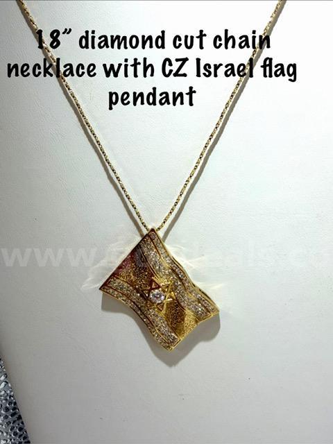 Gorgeous, 18 Inch, 24kt Gold Filled, Diamond Cut Necklace W/CZ Israel Flag Pendant