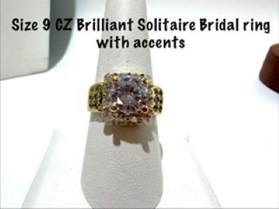 Beautiful, 24kt Gold FIlled, Size 9, Bling CZ Diamond Solitaire Bridal Ring W/Accents