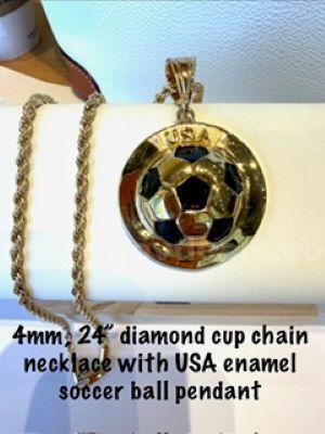 Dazzling, 4MM, 24", Diamond Cut 24kt Gold Filled Rope Chain W/USA Enamel & Gold Soccer Pendant