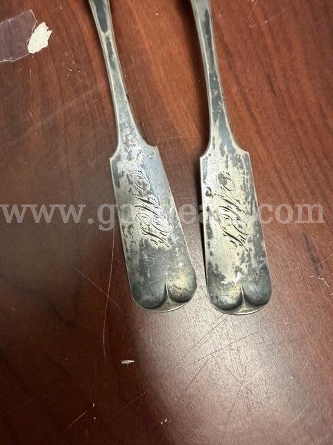 (2) Antique, American Coin, Silver William Thomson NY Circa 1810 Soup Spoons, Good Condition