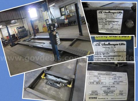 2008 Challenger 4-post 12,000LB lift/2010 6,000LB pneumatic rolling center jacks