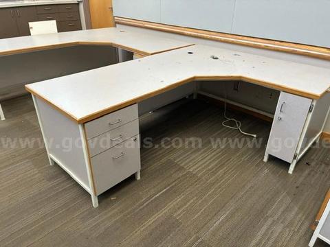 (4) L-Type Desks, (2) 4-Drawer File Cabinets, (2) Chairs