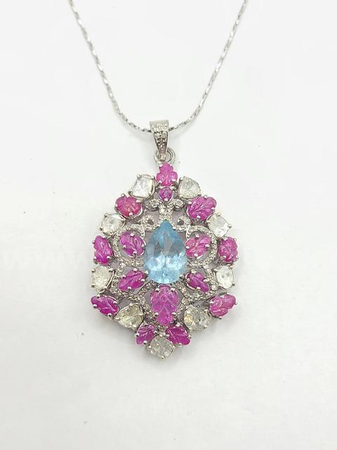 Natural Aquamarine Ruby Diamond Necklace Pendant Beautiful!