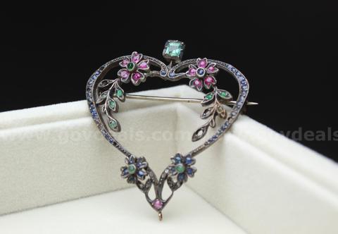 10k Gold Antique Emerald Ruby Sapphire Brooch