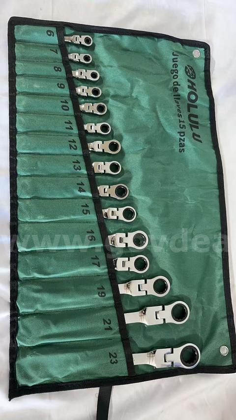 SHIPPING AVAILABLE HOLULU 15pcs Flex Head Ratchet Wrench Set Metric 6–23mm Combination Spanner with Storage Roll(B1-019)