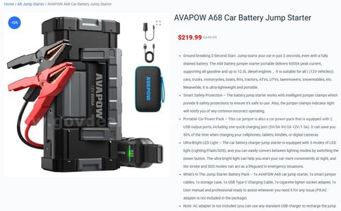 SHIPPING AVAILABLE AVAPOW A68 Jump Starter, 18W QC3.0 Fast Charge Car Battery Booster Pack, 16 LED Portable Power(18-wu)