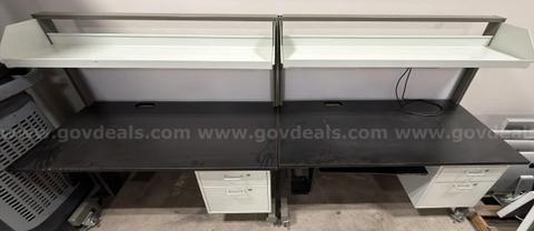Pair of Modular Laboratory Workstations with Overhead Shelving