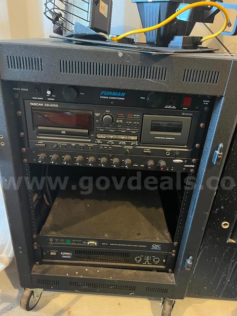 Audio Equipment Rack – QSC CX602V Amplifier, Tascam CD-A700, Furman Power Conditioner