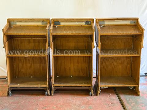 3 - Wooden Podiums with Lights & Wheels (W) 28" x (Depth) 19.25" x (H) 48" (Untested, All With Signs of Wear)