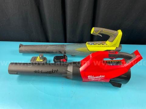2 - Cordless Blowers: Milwaukee and Ryobi with Batteries, Both Power On