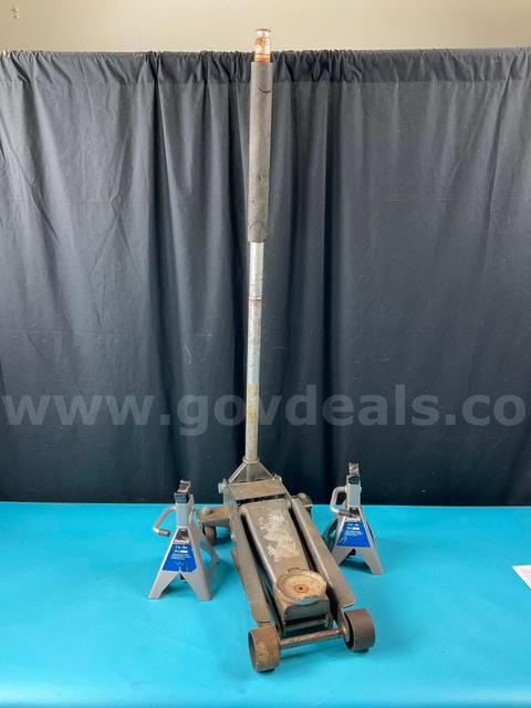 Floor Jack Make and Model Unknown with 2 - Diehard 2-Ton Jack Stands