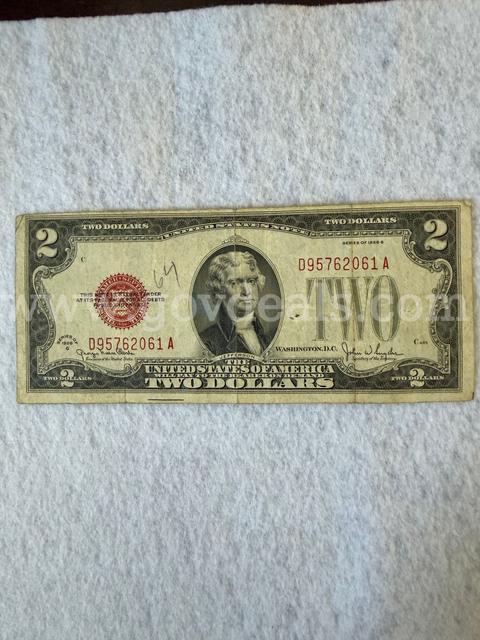 1928 G $2 dollar bill Slight off center top to bottom circulated