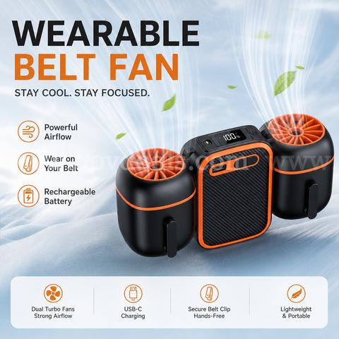 SHIPPING AVAILABLE Portable Waist Fan with Dual Fans, 10000mAh Rechargeable Wearable Belt Clip Fan (AA-03)