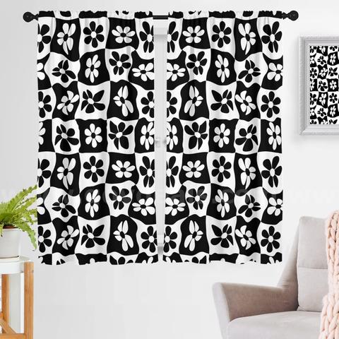 Brand New - 42"x 63" Black Floral Window Curtain White Flowers Checkered  - Shipping Available