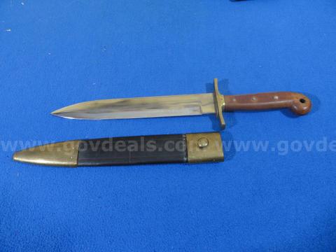 Vintage Military Dagger Knife w/ Double Edge Blade, Brass Fittings & Leather Sheath