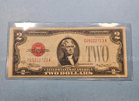 1928-D AU-50 Mule Red Seal Two Dollar Bill