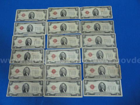 Lot of 18 - 1928 Red Seal $2 Bills