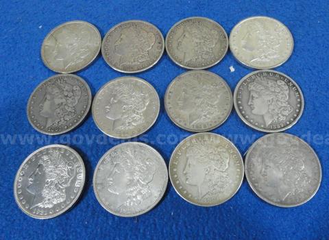 Lot of 12 Morgan Silver Dollars (different years, mint marks, condition)