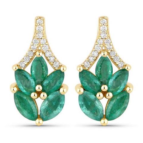 14K Yellow Gold Ladies Designer Natural Emerald & Diamond Earrings