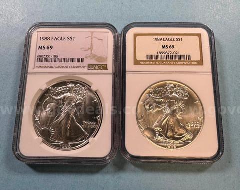 1988 & 1989 MS69 Walking Liberty Dollars