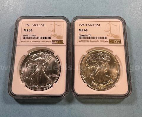 1990 & 1991 MS69 Walking Liberty Dollars