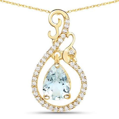 14K Yellow Gold Ladies Designer Natural Aquamarine & Diamond Pendant