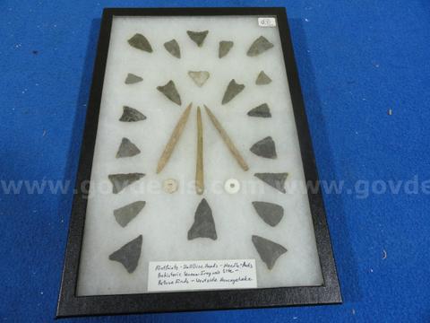 Framed Prehistoric Seneca Iroquois Artifacts - Flint Points, Shell Disc Beads & Awls