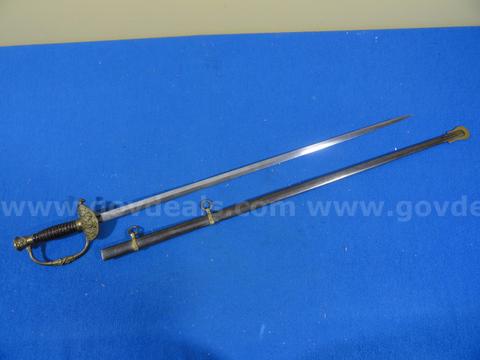 19th Century Ornate Brass Hilt Straight Sword / Officer Dress Sword with Scabbard