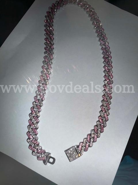 22″ PINK & CLEAR CZ CUBAN-LINK STEEL NECKLACE — HEAVY STATEMENT CHAIN