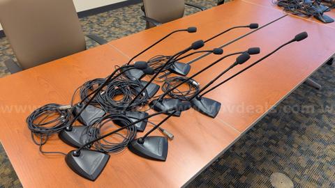 Microphones with stand-qty. 7 Shure MX412D/C and qty. 10 Shure MX418D/C, 1 misc microphone without stand.