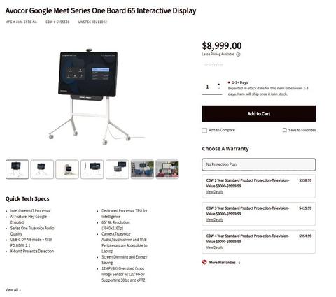 NEW Avocor Google Meet Series One Board 65” 4K Interactive Display