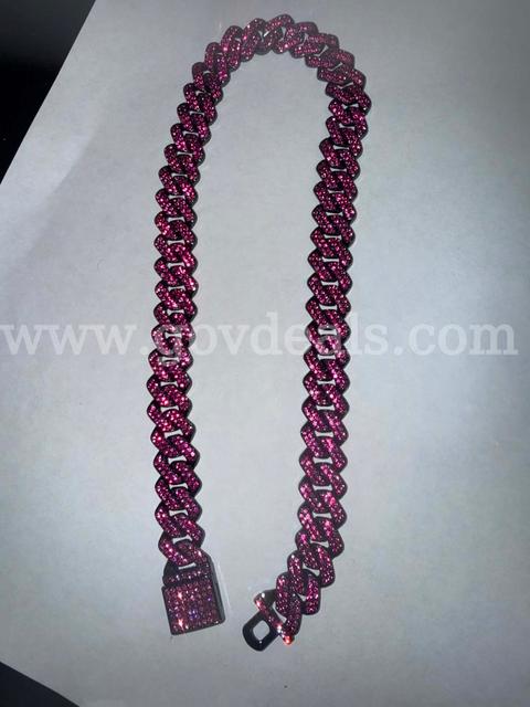 NEW 16″ HOT-PINK CZ CUBAN-LINK NECKLACE — BLACK STEEL