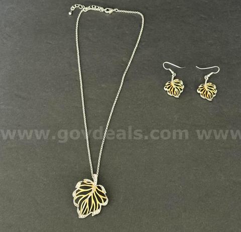 Beautiful Set of Leaf Necklace and Earrings - Two-toned, with stones.