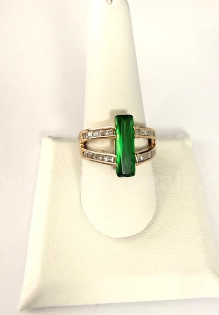 Ladies, 24k Gold, Size 9 1/2, CZ Emerald Cocktail Ring
