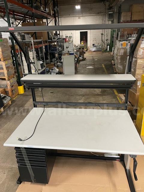Production Basics Adjustable Workbench, Manual Crank, 60"x30", Power Strip, 5-Drawer, Shelf